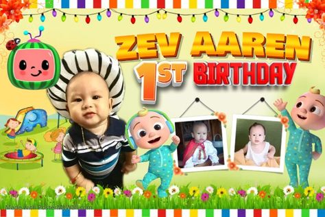 Birthday Tarpaulin, Birthday Cocomelon, Background Happy Birthday, Birthday Tarpaulin Design, Tarpaulin Design, Cocomelon Birthday, Twin Babies, 1st Birthday, Nba