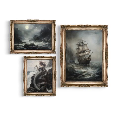 DIGITAL DOWNLOAD - Fresh up your space with this moody 3 piece gallery wall set, showcasing the essence of dark academia in vintage oil painting aesthetics. Moody sea decor meets vintage elegance as you explore stormy sea ships, ethereal mermaids on rocky coasts, and moonlit sea vistas. Perfectly curated for a gallery wall, these dark oil paintings exude the allure of nautical wall art. Immerse yourself in the mysteries of the sea with this triptych wall art collection, ideal for enthusiasts of dark academia decor. You can buy 2 of the prints from the set individually here: ▶ Stormy Sea Ship -> https://www.etsy.com/listing/1468796171/stormy-sea-ship-coastal-ocean-aesthetic ▶ Mermaid -> https://www.etsy.com/listing/1537181250/mermaid-dark-academia-decor-vintage ▶ The third one is available Vintage Ocean Photography, Gothic Nautical Decor, Moody Ocean Bathroom, Coastal Speakeasy, Deep Ocean Decor, Ocean Gallery Wall, Moody Beach Decor, Dark Ocean Decor, Dark Nautical Bedroom