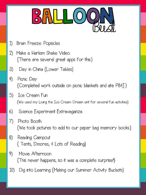 A list of celebrations to have as you count the days down to the end of the year School Countdown, Writing Portfolio, School's Out For Summer, End Of Year Activities, Balloon Pop, End Of School Year, Happy Memorial Day, Smart Board, Field Day