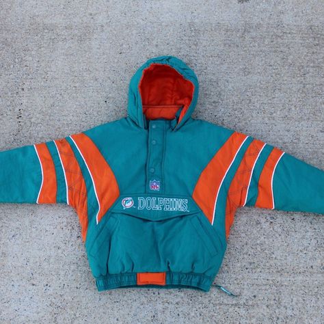 miami dolphins starter jacket fits like adult small - Depop Jacket Miami Hotline, 90s Starter Jacket, Colorful Jacket 90s, 90s Multicolor Sports Outerwear, Miami Dolphins Sweatshirt, Retro Sports, Miami Dolphins, Dolphins, Miami