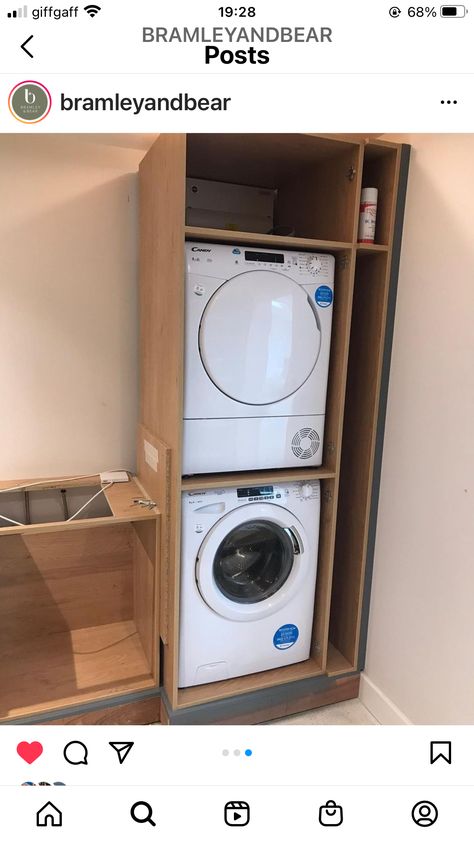 Stacked Tumble Dryer And Washing Machine, Stacked Washer And Dryer, Stacking Washing Machine And Tumble Dryer, Camper Washer And Dryer, Pull Out Shelf Under Washing Machine, Washing Machine Tumble Dryer Cupboard, Washing Machine Tumble Dryer Stack Cupboard, Laundry Room Pantry, Minimal Kitchen Design