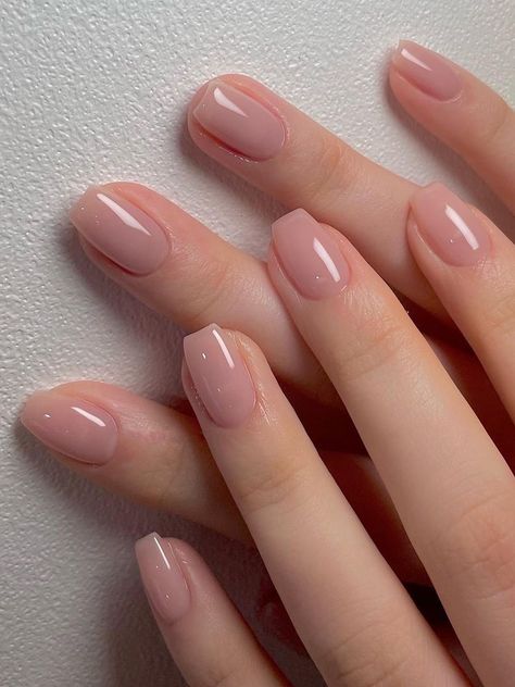 shimmery nude short nails Short And Natural Nails, Nude Nails Coffin Short, Simple Gel Nail Colors, Short Neutral Nails With Design, Korean Neutral Nails, Short Bridesmaid Nail Ideas, Nail Ideas With Dots, Nude Nail Color Ideas, Bridesmaid Nails Almond