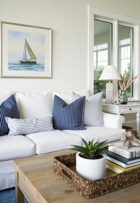 Coastal Style Decorating ideas, Coastal Style Decorating Coffee Table Basket, Seashell Decorations, Striped Pillows, Coastal Style Decorating, White Sofa, Sailboat Painting, Sea Shell Decor, Refresh Your Home, White Sofas