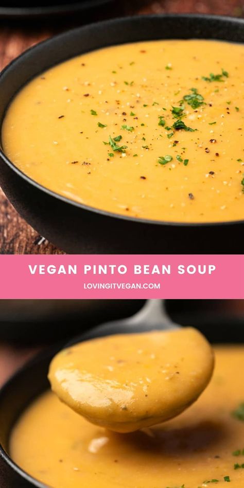 This vegan pinto bean soup is hearty and nourishing and totally delicious. It's also super easy to throw together and wonderfully satisfying. #vegan #plantbased | lovingitvegan.com Vegan Pinto Bean Soup, Pinto Bean Soup Recipes, Pinto Bean Soup, Vegan Pumpkin Soup, Pinto Bean Recipes, Pinto Bean, Bean Soup Recipes, Vegan Soup Recipes, Vegan Potato