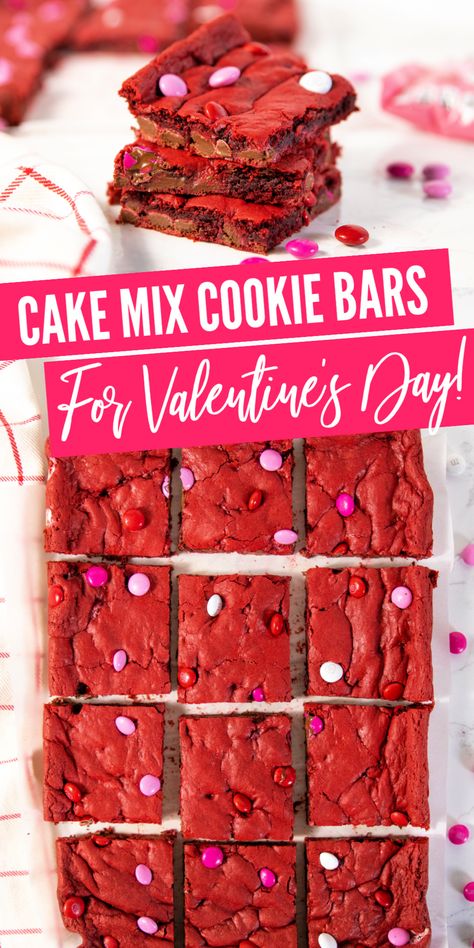 Red Velvet Cake Mix Cookie Bars are a 4 ingredient cake mix cookie bar -perfect for Valentine's Day. Give this easy vday dessert a try! #vday #passion4saving #cakemix #cookiebars #cookies #recipe #forkids #easy #quick #dessert #best Vday Desserts, 4 Ingredient Cake, Vday Dessert, Red Velvet Cookie Bars, Red Velvet Cake Mix Cookies, Table Treats, Cake Mix Bars, Cake Mix Cookie, Cake Mix Cookie Bars