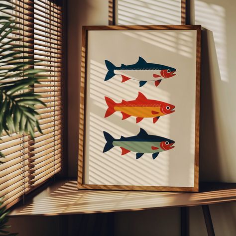 Retro Minimalist Trout Print | Bauhaus Fish Print | Angler Wall Art | Digital Download | Boho Wall Art | Digital Printable Wall Art | Spring and Summer Art Decor | Nautical Themed Download, print, and frame this beautiful minimalist retro trout artwork. Enjoy the benefits of digital downloads - no waiting for delivery, no shipping costs! ------------ HOW TO DOWNLOAD ARTWORK ------------ After completing your purchase, you can access your digital downloads by following these steps: > Visit your E Large Watercolor Wall Art, Vintage Bathroom Wall Art, Retro Boho Home Decor, Trout Artwork, Fish Mural, Eclectic Poster, Wall Art For Men, Frame On Wall, Prints Inspiration