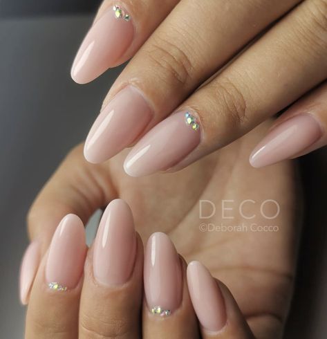 Nail Inspo Rhinestones Simple, One Rhinestone On Each Nail, Light Pink Nails With Gems Short, Simple Pink Nails With Gems, Natural Nail Designs With Rhinestones, Light Pink Nails With Jewels, French Almond Nails Design Glitter, Bridal Nails With Rhinestones, Nail Art Rhinestones Simple