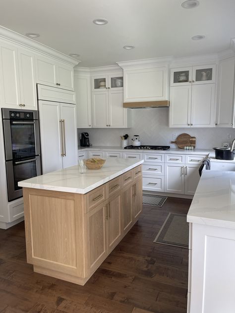 Kitchen Island With No Overhang, Stained Wood Island White Cabinets, Narrow Kitchen Renovation, White Cabinets With Oak Island, White Cabinets White Oak Island, White Cabinets Oak Island, Two Tone Island Kitchen, White Kitchen Cabinets Wood Island, White Kitchen Oak Island