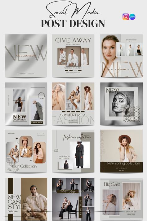 Instagram Template Design Minimalist, Fashion Instagram Template, Fashion Ig Post, Canva Fashion Templates, Elegant Social Media Design, Grey Layout, Fashion Social Media Post, Fashion Instagram Post, Elegant Layout