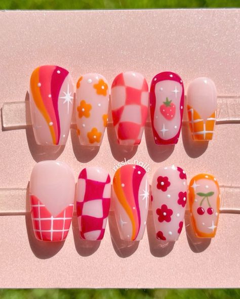 Different Design Each Nail, Nails For Each Month Of The Year, Springtime Nail Designs, Mix And Match Nail Art, Spring Color Palette Nails, Mix Matched Nails, Mismatch Nail Designs, Mix N Match Nails, Mix Match Nail Designs