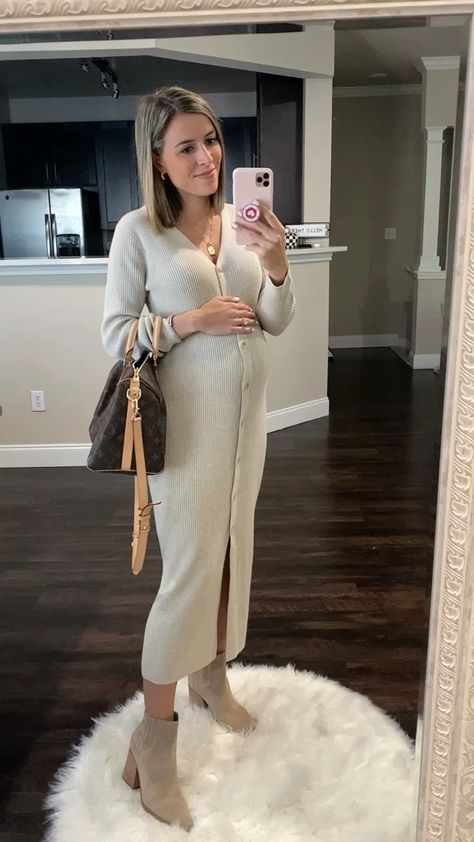 Sweater Midi Dress Outfit, Maxi Sweater Dress Outfit, Midi Sweater Dress Outfit, White Sweater Dress Outfit, Christmas Maternity Outfits, Dress And Cardigan Outfit, V Neck Sweater Dress, Knitted Dress Outfit, Off Shoulder Maternity Dress