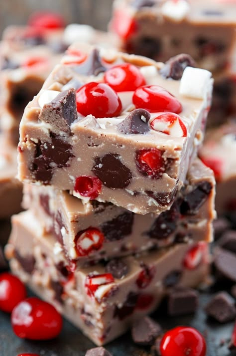 Indulge in this creamy Cherry Garcia Fudge, a delightful blend of chocolate, cherries, and nuts. Perfect for a sweet treat gift! #Fudge #CherryGarcia #DessertLovers Cherry Garcia Fudge Recipe, Cherry Garcia Fudge, Easy Rocky Road Fudge, Cherry And Chocolate Desserts, Dessert That Goes With Chili, Cherry Divinity Recipe, Cherry Fudge Recipes, Chocolate Cherry Fudge, Cherry Chocolate Recipes