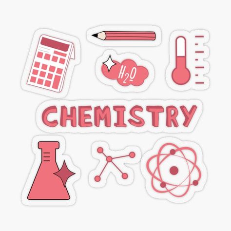 Coral Chemistry Subject Sticker Pack. Perfect gift for anyone heading back to College! Check out my portfolio for all the individual subject versions as I roll them out. Calculator, pencil, thermometer, H20, molecule, atoms and beaker. • Millions of unique designs by independent artists. Find your thing. Sampul Binder, Chemistry Subject, School Binder Covers, School Book Covers, Penanda Buku, Science Stickers, Preppy Stickers, Tumblr Stickers, Scrapbook Stickers Printable