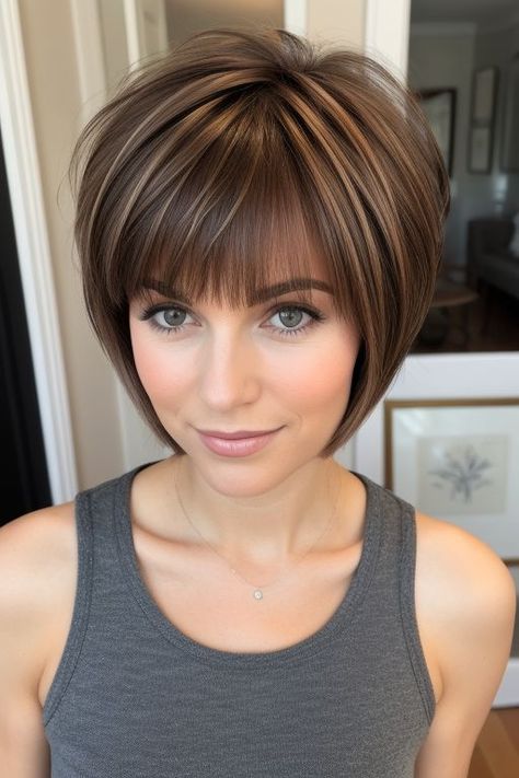 2024 Short Hair, Short Medium Hairstyle Women, Messy Layered Bob, Low Maintenance Bob, 2025 Haircuts For Women, Stacked Inverted Bob Haircuts, Short Stacked Bob Haircut, Funky Bob, Concave Bob Hairstyles