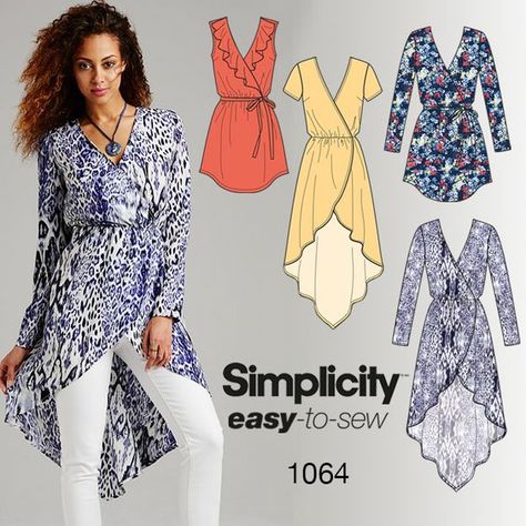 This versatile, easy-to-sew faux wrap tunic top pairs well with leggings for an easy on-trend look. Make it with a long sleeve, short sleeve or sleeveless with a front flounce. Sew your style with Simplicity pattern 1064.: Tunic Tops Pattern, Wrap Tunic, Tunic Sewing Patterns, Womens Tunic Dress, Wrap Top Blouse, Tunic Pattern, Easy To Sew, Top Sewing Pattern, Womens Sewing Patterns