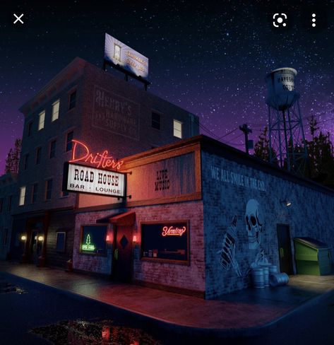 Downtown Bar Aesthetic, Dive Bar Exterior, Night Club Exterior, Country Bar Ideas, Club Exterior, Small Town Bar, Cyberpunk Bar, Country Bar, Underground Bar