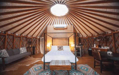 Best Glamping Near Austin, TX - Tents, Yurts, and Treehouses Modern Yurt, Couple Retreat, Resorts In Texas, Hacienda House, Glamour Camping, Yurt Home, Grain Bins, Yurt Living, Prospect House