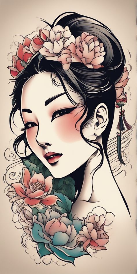 A vibrant, small, Japanese style tattoo design for women is displayed over a blank canvas. The design, rooted in traditional Japanese aesthetics, boasts an array of rich, enchanting colors. Colored Small Tattoos, Japanese Geisha Tattoo Traditional, Japanese Geisha Tattoo, Japanese Style Tattoo, Tattoo Design For Women, Small Tattoos For Women, Geisha Tattoo, Style Tattoo, Japanese Geisha