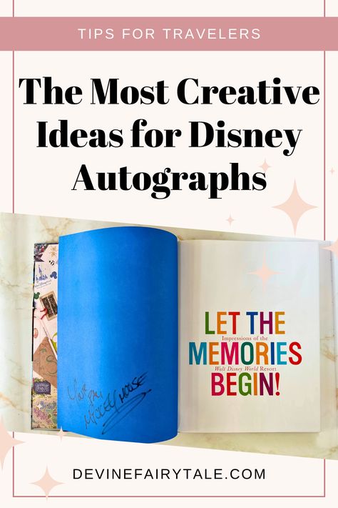 Photo of a Disney book with autograph of Mickey Mouse with the title: The Most Creative Ideas for Disney Autographs from devinefairytale.com Disney Characters Signatures Ideas, Diy Disney Autograph Book Ideas, Character Autograph Ideas, Unique Autograph Ideas For Disney, Character Signature Ideas, Disney World Autograph Ideas, Disney Cultural Exchange Program, Disney Autograph Book Diy, Disney Character Autograph Ideas