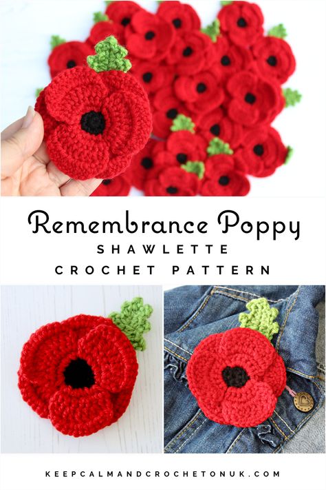 A collage of a range of crochet poppies. Finished crochet poppy is bright red with a black centre, perfect as a remembrance piece or handmade accessory. Crochet Poppies Free Pattern, Crochet Poppies, Crochet Poppy Free Pattern, Mom Hobbies, Crochet Poppy Pattern, Bella Coco, Crochet Poppy, Remembrance Poppy, Poppy Pattern