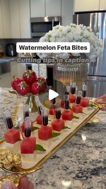 Reina G. Slim on Instagram: "Watermelon Feta Bites 🤤 What you will need 👇🏻

Whether you are hosting Father’s Day this weekend or not you need to give these bites a try! Guaranteed you will impress your family and friends with these cute watermelon feta bites! Not only they are so easy to put together but how presentable are they? 😍

▫️Watermelon (Cubed-about 1 inch) 
▫️Feta Cheese (Cubed-about 1 inch) 
▫️Fresh Mint 
▫️Balsamic vinaigrette 
▫️ Mini party picks or you can use mini skewers(I got from the dollar store) 
▫️Pipettes-Optional (Will link in stories)

Instructions: 
Wash and cut large watermelon in half using a chef’s knife. Then start cutting off the rind and then continue slicing off the white. Up next with the same knife start cutting the watermelon into thick slabs vertical Mini Skewers, Feta Bites, Appetizer Dinner, Watermelon And Feta, Cute Watermelon, Party Picks, Cheese Cubes, Summer Appetizer, Pipettes