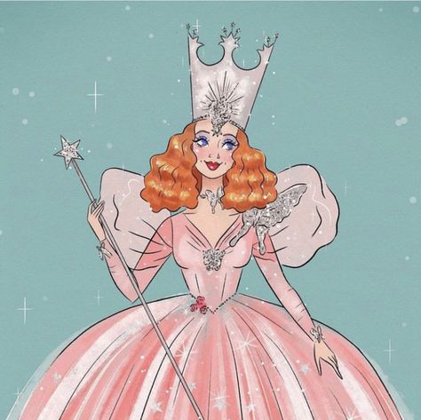 Glinda The Good Witch Illustration, Fairy Godmother Character Design, Glinda The Good Witch Drawing, Wicked Watercolor, Glinda Drawing, Wizard Of Oz Fanart, Wicked Illustration, Wizard Of Oz Drawing, Wicked Fanart