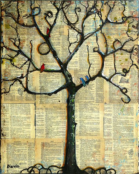 Lexicon Tree of Life in Winter Original Mixed Media Art by Blenda Tyvoll Mixed Media Art Techniques, Newspaper Art, Mixed Media Art Canvas, Winter Tree, Tree Graphic, Gathering Place, Collage Art Mixed Media, Paintings Art Prints, Winter Trees