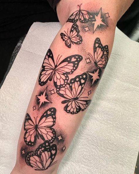 Can’t go wrong with sparkles and butterflies! Booking for September! Butterfly Tattoo That Opens On Elbow, Arm Crease Butterfly Tattoo, Butterflies Going Up Arm Tattoo, Butterfly Tattoo Elbow Crease, Buttflies Tattoo On Arm, Elbow Tattoo, Elbow Tattoos, Tatting, Butterflies