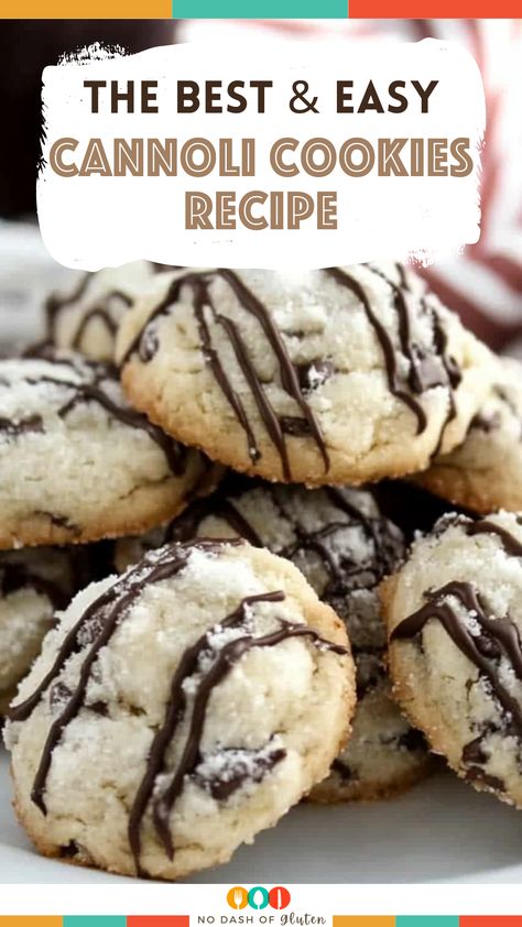 These Cannoli Cookies combine creamy ricotta, crunchy pistachios, and sweet chocolate chips for a unique twist on the classic Italian dessert! Drizzled with chocolate and perfect for any occasion, these cookies are a must-try. Pin now and bake them later for a delicious treat your family will love! Cannoli Cookie, Cannoli Cookies Recipe, Cannoli Cookies, Cannoli Desserts, Italian Christmas Desserts, Work Treats, Ricotta Cookies Recipe, Italian Christmas Cookie Recipes, Italian Ricotta Cookies