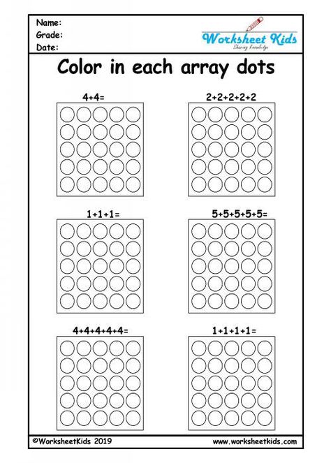 Repeated addition arrays 2nd grade worksheets having six question in each, students have to color the arrays pattern based on the equation given. by doing this, it will sharpen their multiplication skills. these free printable coloring arrays are best activities for kids who are in year 2 Arrays Year 1, Second Grade Arrays Repeated Addition, Arrays Repeated Addition, Free Printable Array Worksheets, Repeated Addition Worksheets For Grade 1, Multiplication Arrays Worksheets, Multiplication Concept, Repeated Addition Activities, Array Math