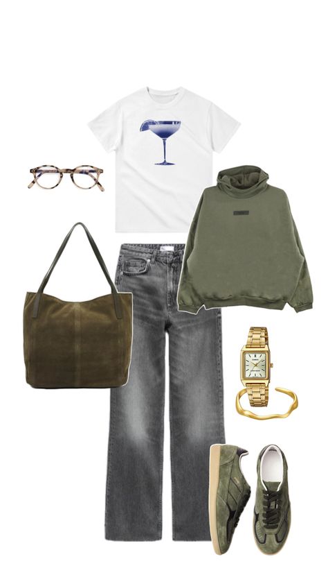 Graphic tee, baggy grey jeans, Aloha sneakers, Khaki suede bag, IziPizi glasses, Khaki hoodie Jeans Hoodie Outfit, Khaki Jeans Outfit, Khaki Hoodie, Grey Jeans Outfit, Jeans And Hoodie, Jeans Hoodie, Back To School Outfit, Khaki Jeans, Suede Bag