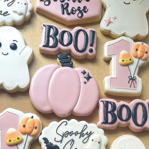 Halloween 1st Birthday Cookies, Boo I’m Two Cookies, Spooky One First Birthday Cookies, Two Spooky Cookies, Spooky One Birthday Cookies, Boo Cookies Decorated, Spooky One Cookies, Ghost Sugar Cookies, Mummy Cookies