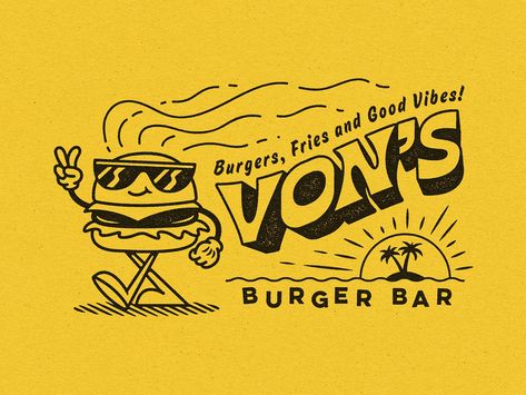 Von's Burger Bar by Nebojsa Matkovic on Dribbble Burger Logo Design Creative, Fast Food Logo Ideas, Fast Food Logo Design Ideas, Fast Food Logo Design, Fast Food Branding, Food Logo Ideas, Character Branding, Fast Food Logo, Burger Branding