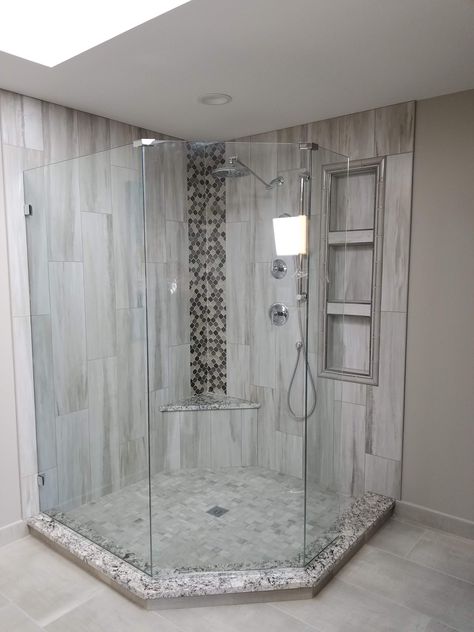 Replaced corner Jacuzzi tub with walk in shower Replace Corner Tub With Shower Walk In, Corner Tile Shower Ideas Walk In, Corner Walk In Shower Ideas, Corner Shower Remodel, Corner Shower Tile, Master Shower Ideas, Shower No Door, Walk In Shower No Door, Corner Shower Ideas