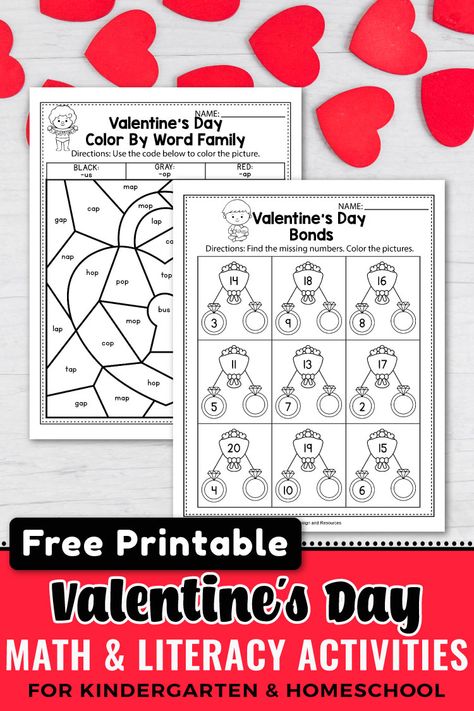 Are you looking for some FREE Valentine's Day ideas teachers. These FREE preschool worksheets are the perfect spring activities for kindergarteners . This set includes kindergarten activities such as all about me, coloring pages, kindergarten shapes, number activities and more. As a teacher I sent these printables home to my students as homework, Valentines Day Reading Activities Kindergarten, Valentines Addition For Kindergarten, Valentines Day Writing Kindergarten, Valentines Day Centers First Grade, Valentines Day Math Kindergarten Free, Homeschool Holidays, Valentine Bingo, Valentine's Day Party Games, Math Literacy Activities