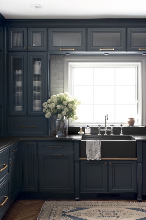 House Development, Dark Blue Kitchens, Moody Kitchen, Navy Blue Kitchen, Room For Tuesday, Navy Kitchen, Blue Kitchen Cabinets, Black Countertops, Kitchen Transformation