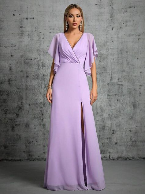 Vestido Color Lila, Curvy Boho, Summer Cocktail Dress, Purple Bridesmaid Dresses, Purple Collar, Formal Wear Dresses, Purple Party, Pleated Chiffon, Beaded Collar