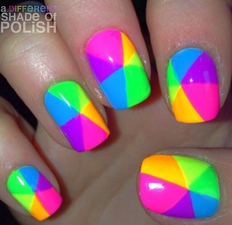 . Neon Colorful Nails, Nail Colors Summer, Multicoloured Nails, Summer Nails Coffin, Mani Inspiration, Rave Nails, Shellac Nail Colors, Fluorescent Nails, Coffin Acrylic Nails