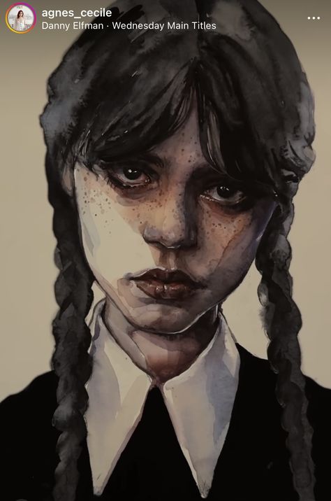 Wednesday Adams Portrait, Wednesday Addams Watercolor Painting, Wednesday Addams Watercolor, Wednesday Watercolor, Wednesday Painting, Watercolor Fanart, Netflix Wednesday, Wednesday Art, Rainbow Wallpaper Iphone