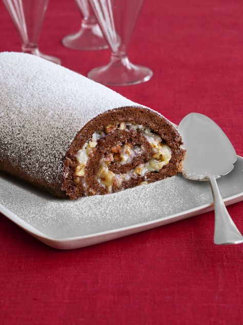 German Chocolate Cake Roll recipe from Food Network Kitchen via Food Network Roll Up Cake Recipe, German Chocolate Cake Roll, Chocolate Cake Roll Recipe, Chocolate Cake Roll, Chocolate Roll Cake, Cake Roll Recipes, Chocolate Roll, Christmas Foods, Vegetarian Cake