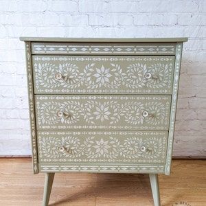 Hand Painted Dressers, Faux Tiles, Stencil Painting On Walls, Tree Stencil, Pearl Paint, Vintage Chest Of Drawers, Patio Tiles, Stenciled Floor, Patio Wall