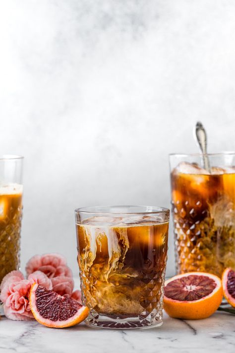 blood orange cold brew iced coffee - plays well with butter Brew Iced Coffee, Cold Brew Iced Coffee, Orange Syrup, Orange Coffee, Vanilla Coffee, Bitter Orange, Cold Coffee, Cold Brew Coffee, Orange Peel