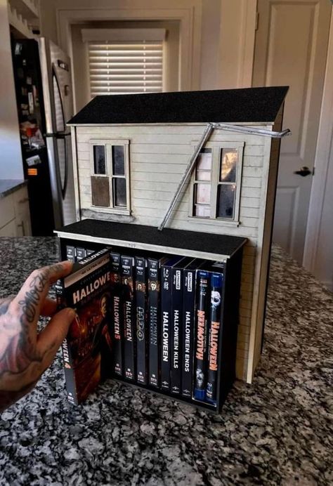 Netflix Bangers | This Is So Cool | Facebook Michael Myers House, Horror Movie Room, Horror Bedroom, Movie Storage, Myers House, Media Rack, Dvd Holder, Horror Room, Halloween Room