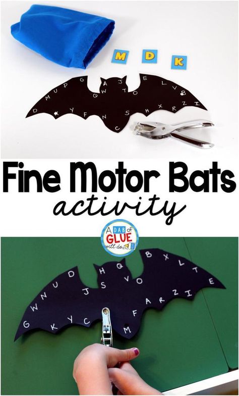 Fine Motor Bats is a great hands-on activity for students to review their letters, numbers, or sight words, while working on fine motor skills. It is perfect for preschool, kindergarten, and first grade students. Nocturnal Theme Preschool, Nocturnal Animals Activities, Bats Activities, Activity For Students, October Activities, Fall Classroom, Preschool Craft, Kindergarten Ela, Preschool Fine Motor