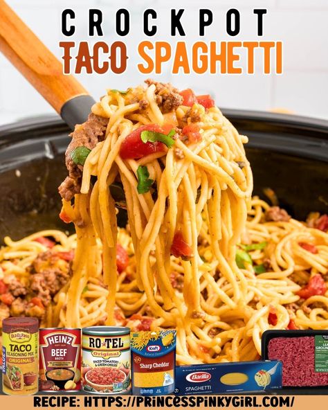 Easy Recipes and Crafts - Recipe: https://buff.ly/48BPbvI 🍝🌮 Spice up your dinner routine with our Crockpot Taco Spaghetti! A fusion of your favorite taco flavors and comforting spaghetti, all slow-cooked to perfection. It's a fiesta in a bowl! 😋🌟 #CrockpotTacoSpaghetti #TacoNight | Facebook Spaghetti Crockpot, Taco Spaghetti Recipe, Crockpot Taco, Taco Spaghetti, Princess Pinky Girl, Pinky Girl, The Magical Slow Cooker, Crock Pot Tacos, Natural Cheese