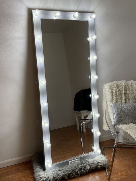 SUPER CUTE 🥰 Full Length Mirror with Lights, 63" x 24" Full Body Vanity Mirror, LED Lighted Full Length Mirror, Large Floor Mirror with Lights, Wall-Mounted and Standing for Bedroom (White) Full Body Vanity Mirror, Full Body Mirror Bedroom Ideas, Full Body Mirror Bedroom, Imvu Room, Full Length Mirror With Led Lights, Mirror With Light Bulbs, Floor Mirror With Lights, Full Length Mirror With Lights, Vanity Set Up