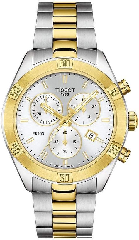 Featuring a Two-tone (Silver-tone and Yellow Gold PVD) Band, Silver-tone Case, Scratch Resistant Sapphire Crystal Tissot Pr 100 Sport Chic, Tissot Chronograph, Watch Packaging, Nice Watches, Tissot Watches, Patek Philippe Nautilus, Breitling Navitimer, Sport Chic, Rolex Gmt