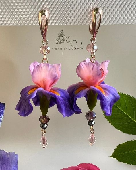 Earrings With Realistically Iris Handmade Flower Jewelry Polymer Clay Earrings Pink Purple Violet Orange Long Dangle Earrings Iris Jewelry - Etsy Iris Earrings, Diy Earrings Dangle, Iris Jewelry, Jewelry Polymer Clay, Polymer Clay Flower Jewelry, Dope Jewelry, Polymer Clay Flowers, Purple Violet, Long Dangle Earrings