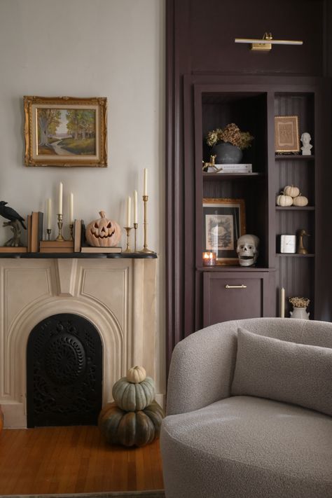 DIY built-in made from scrap wood and an old unusable closet. All thw moody paint colors in our home! #diyproject #homedecorideas #halloween #interiordesign #interiorstyling #oldhouselove #thriftstorefinds #myart Dark Mauve Wall Color, Moody Living Room Colors, Vintage Built Ins, Moody Living Room Paint Colors, Moody Closet, Basque House, Bedroom Turned Closet, Moody Paint Colors, Makeshift Closet