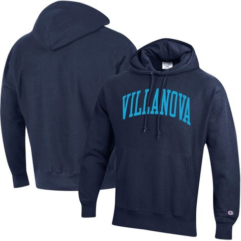 The Men's Champion Navy Villanova Wildcats Team Arch Reverse Weave Pullover Hoodie is the perfect way to show your support for the Villanova Wildcats. Made from a comfortable cotton and polyester blend, this midweight hoodie features a fleece-lined hood for added warmth during chilly game days. Embroidered fabric applique and flatlock stitching add a touch of style, while the front pouch pocket is perfect for storing your essentials. Whether you're cheering from the stands or simply showing your Tiger Team, Cal Bears, Georgetown Hoyas, Nc State Wolfpack, Texas Tech Red Raiders, Red Raiders, Nittany Lion, North Carolina Tar Heels, Tar Heels